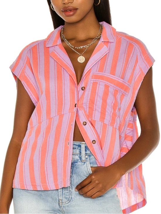 Free People Tops - Free People Play It Cool Striped Linen Shirt Sorbet Combo Small NWT